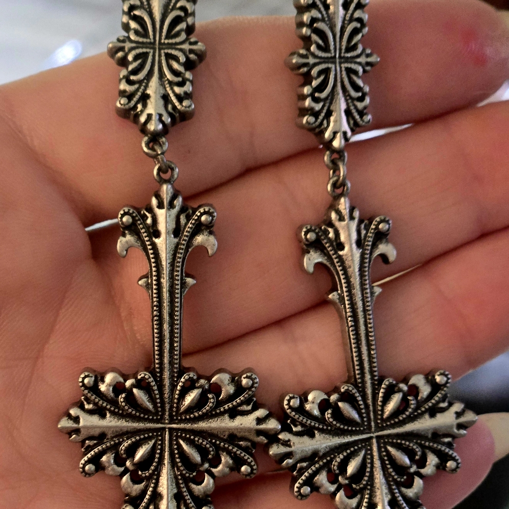 Antique Style Silver Cross Earrings